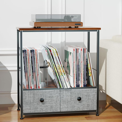 Record Player Stand with Vinyl Storage, 2-Tier Record Shelf Table with Fabric Dr