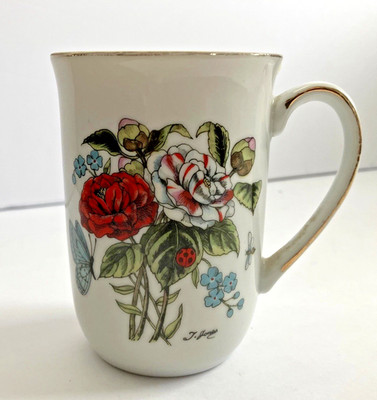 Vintage Royal Crown Bone China Mug Roses Butterfly Ladybug Bee Forget Me Nots