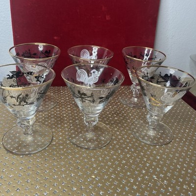 6 LIBBEY GLASS ROOSTER  WEATHERVANE GOLD RIM  COCKTAIL GLASSES  MCM Mid CENTURY