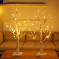 2pcs White Tree With Lights Small Mini Birch Branch Tree With 24 Warm White Led