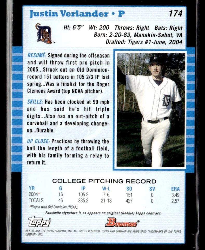 Tarjeta de béisbol 2005 Bowman #174 Justin Verlander RC Tigers 3703E Foto 2 de 2