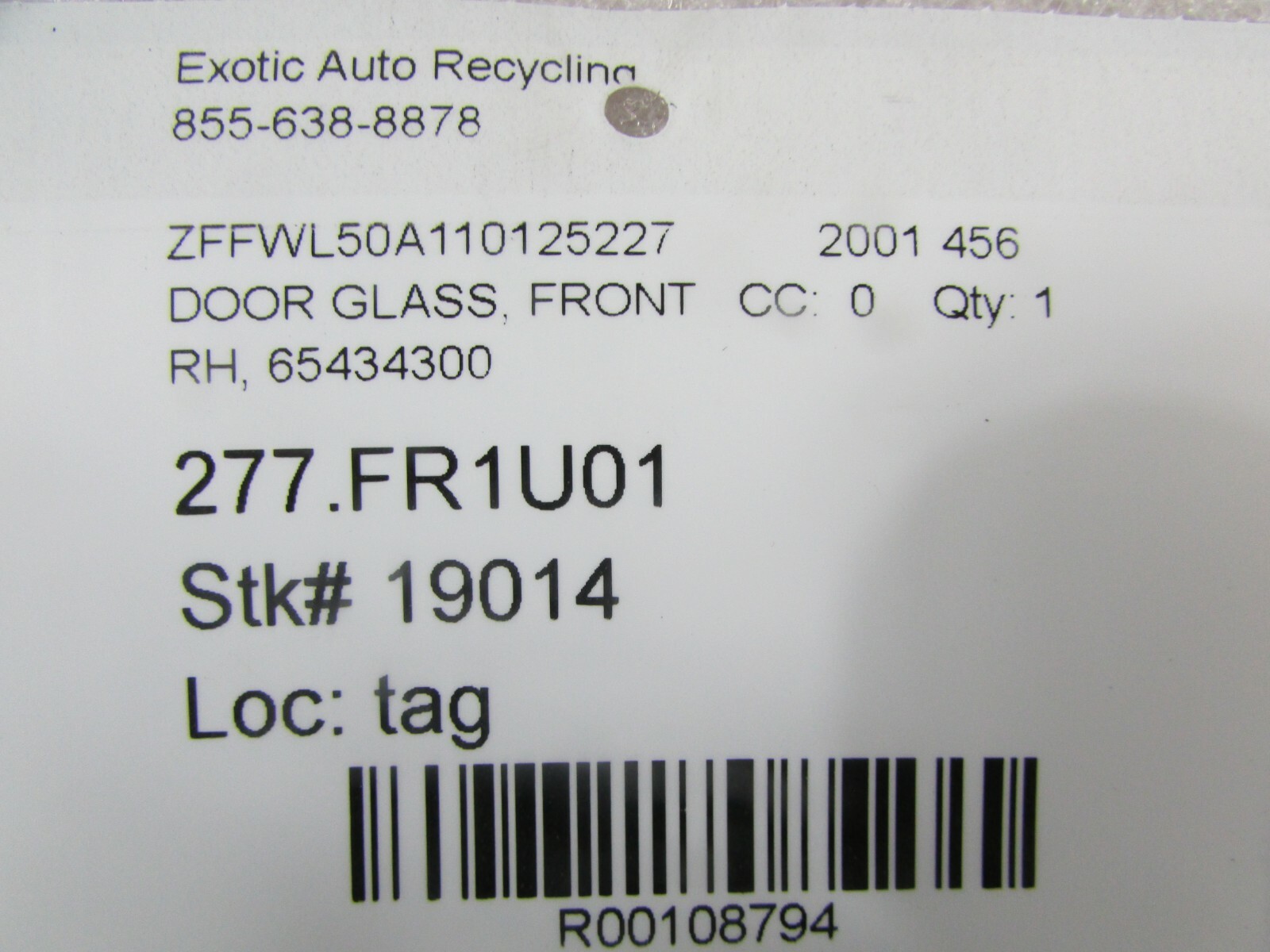 Ferrari 456M, RH, Right Front Door Glass, Used, Slight Scratches, P/N 65434300