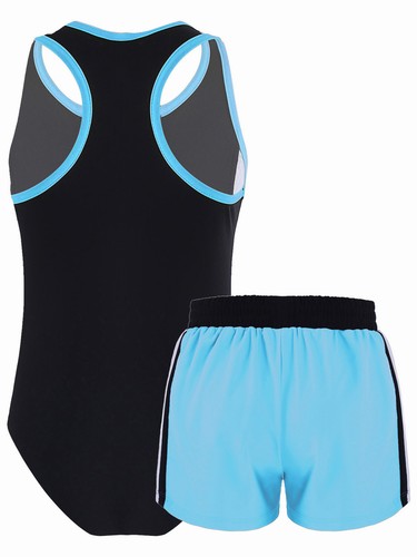 Big Girls 2 Pcs Sporty Tankini Sets Racer Back Leotard with Shorts Bathing Suit - Picture 73 of 90