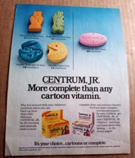1985 print ad -Centrum Jr vitamins vs Pac-Man Flintstones Smurf advertising page