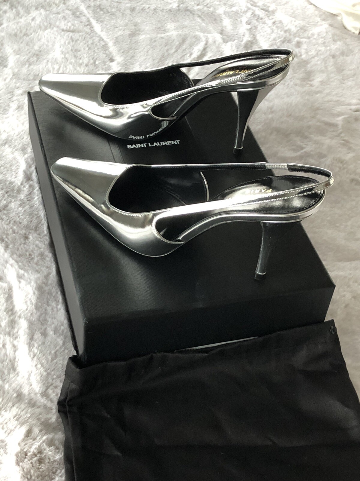Saint Laurent Tom 90 pompa slingback in pelle specchiata argento taglia 38 5