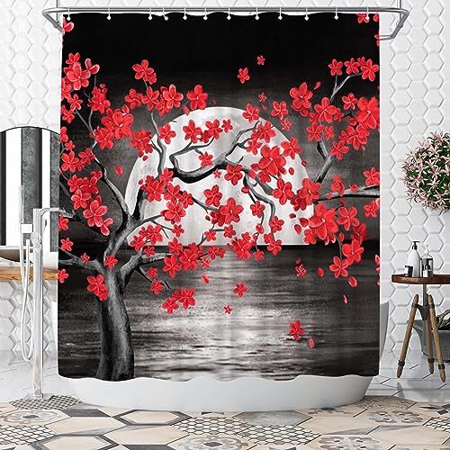 Black and Red Shower Curtain Full Moon Red Tree Shower Curtain