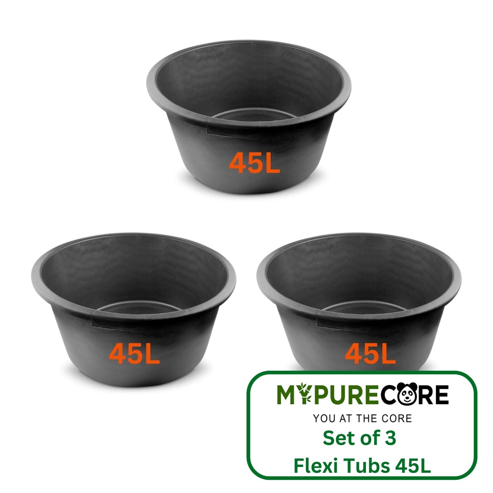 Bucket Black Plastic Set of 3 – 45L Heavy-Duty Flexible Tub with Strong Handles