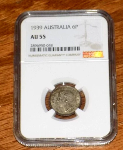 AUSTRALIA 1939 6 Pence 6P  Kangaroo Emu Sixpence KEY NGC AU 55 ABOUT UNC COIN