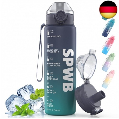 Tritan Flasche Mit Zeitmarke SPWB Trinkflasche 1L – Auslaufsicher, BPA-frei, Tritan – Mit Zeitmarkierung & Filter