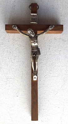 Oak Wood Crucifix Jesus On Cross INRI Metal Figure Simple 11" Made In Germany - Foto 2