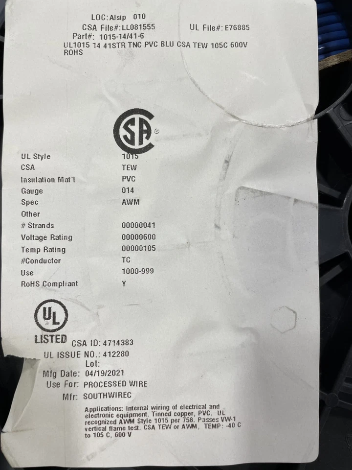 Anixter UL1015-1441-6 连接线 UL1015,14 AWG,41/30,600V,TC,1000' 蓝色 — 第 3/4 张图片