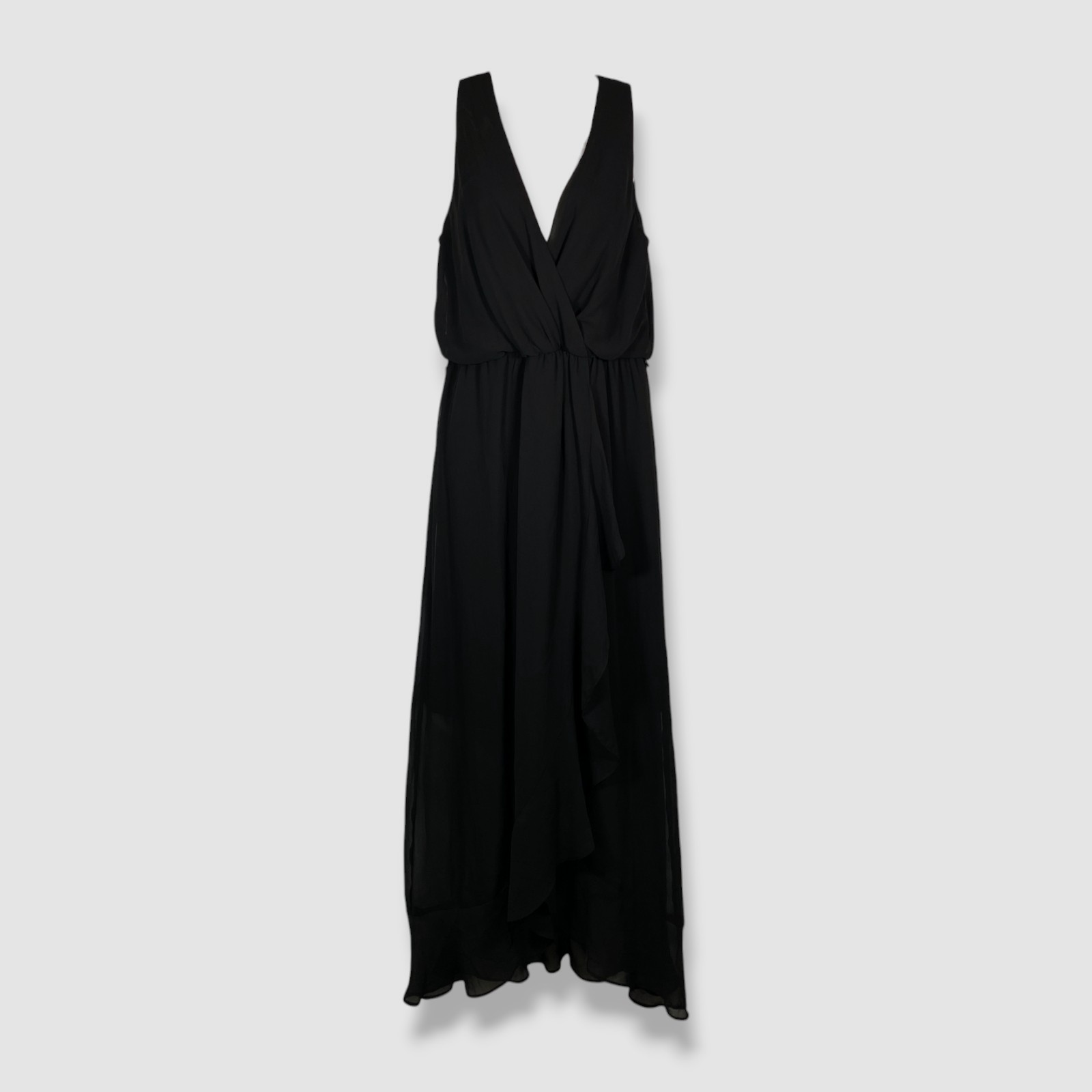 SLNY Women's Black Ruffled V-Neck Sleeveless High-Low Maxi Dress Size 12