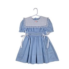 Vintage Polly Flinders Smocked Dress T-4 Blue Heirloom Lace Bow Storybook Charm