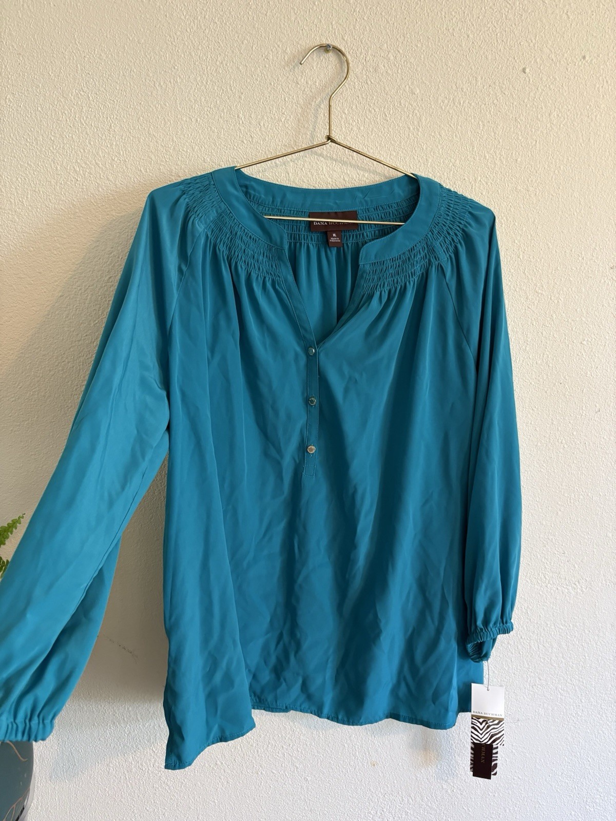 Dana Buchman Women's Teal Smocked Button Long Sleeve Round Neck Blouse XL