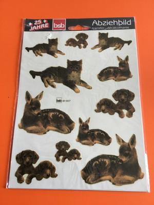 Rarität: Vintage, 25 Jahre bsb Stickerbogen/ Abziehbilder: Rehe, Hunde, Katzen