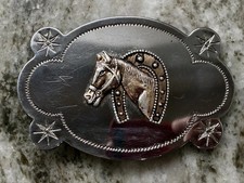 Vintage Chrome Silver Horse Head Lucky Horseshoe Cowboy Western Belt Buckle