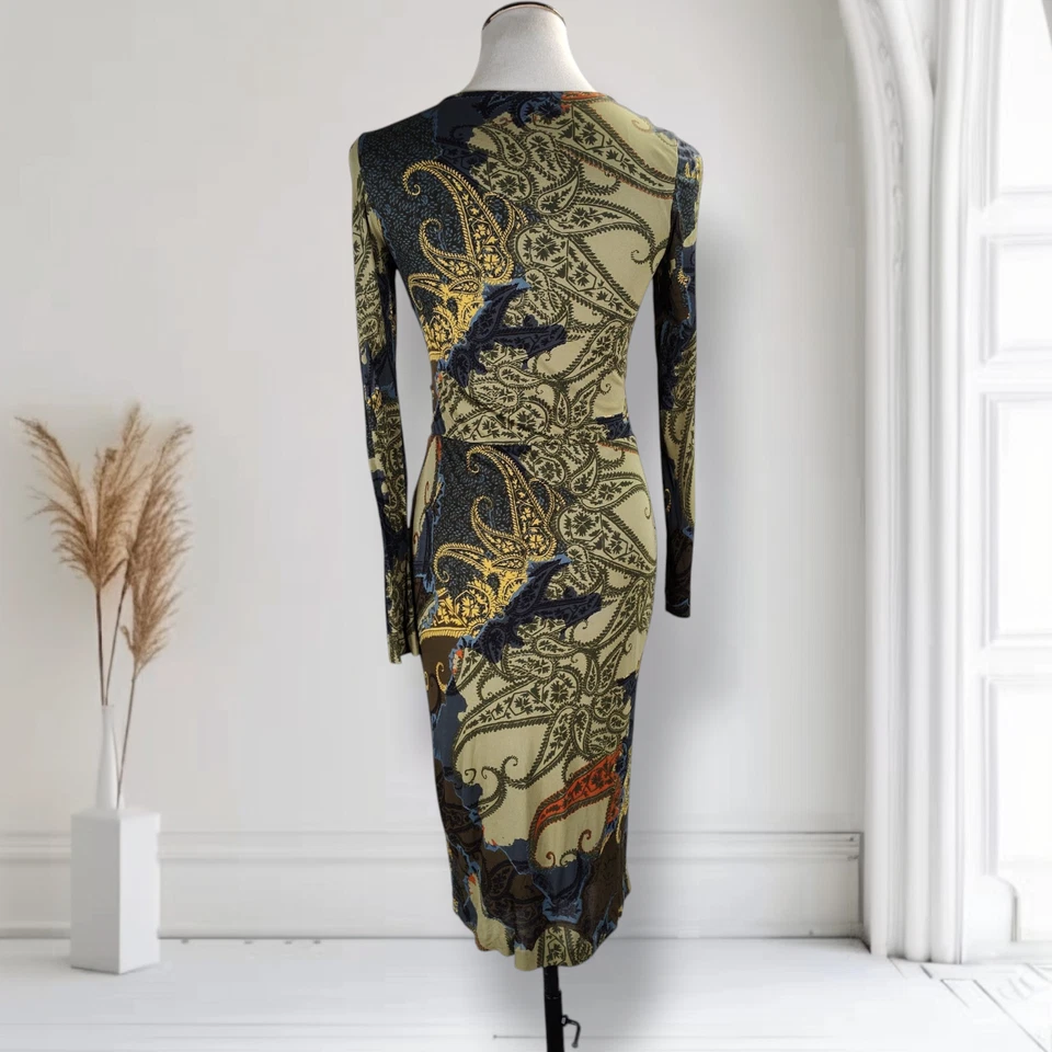Vestido Etro Milano Oliva Barroco Estampado Cachemira Viscosa Talla 38 Hecho en Italia Foto 4 de 4