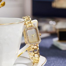 Gold Rectangular Analog Women's Wristwatch Diamond Bezel Bracelet Polished