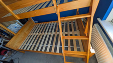 Wooden Bunk Bed - Single + Double Bed with Ladder & Slats, Brown Natural