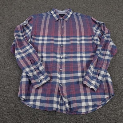 Tommy Bahama Shirt Mens Large Blue Plaid Linen Cotton Button Front Long Sleeve