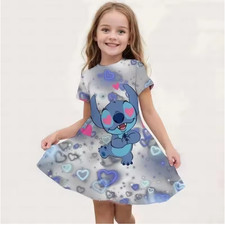 Disney Summer Girls Cute Cartoon Stitch Printed Dress Fashion One-piece Dress