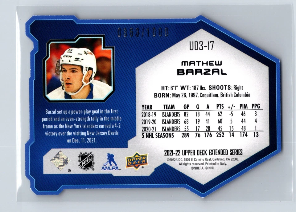 2021-22 Upper Deck Extended Series - Ud3 Mathew Barzal #UD3-17 /1000 - Image 2 of 2