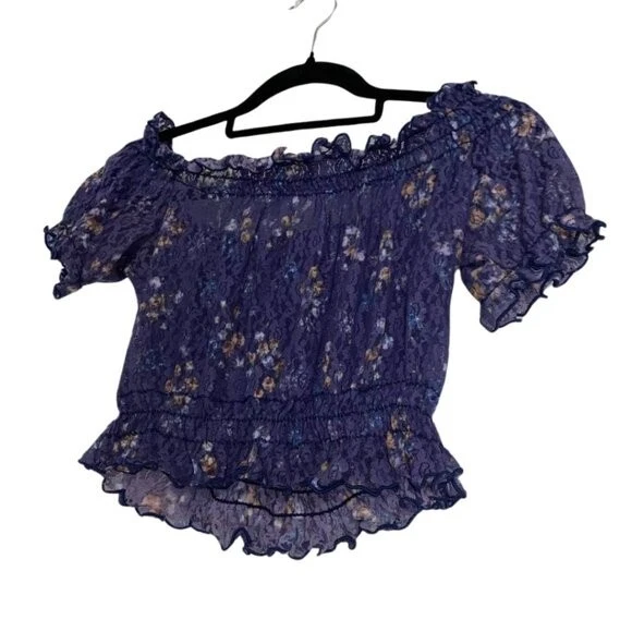 Blusa camponesa XOXO fora do ombro manga pequena babado náilon Y2K - Imagem 4 de 4