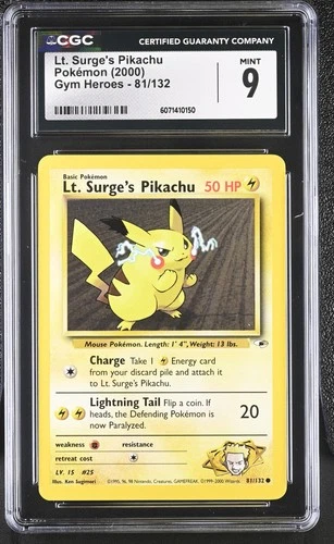 CGC 9 MINT Lt. Surge's Pikachu 2000 Gym Heroes 81/132 Pokemon Card