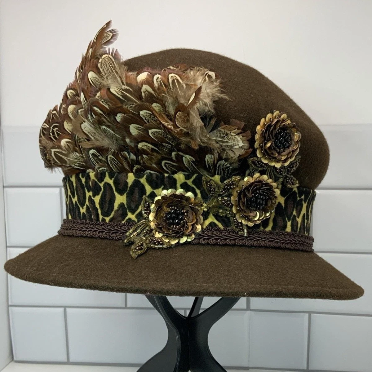 Vintage Unbranded Pheasant Feather Leopard Band Wool Felt Brown One Size Vintage Pheasant Feather Hat Brown Felt With Beadwork  main image 2