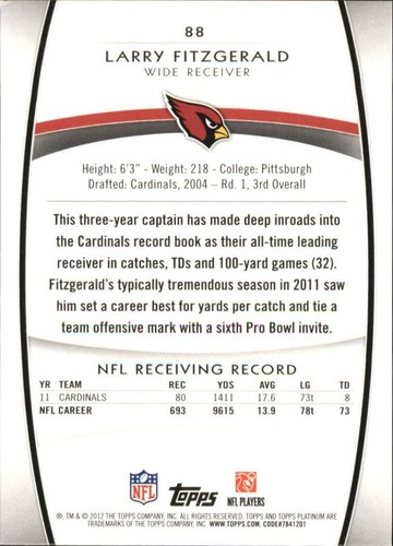 2012 Topps Platinum Red Larry Fitzgerald #88 Arizona Cardinals Pitt Panthers 🏈 - Bild 2 von 2