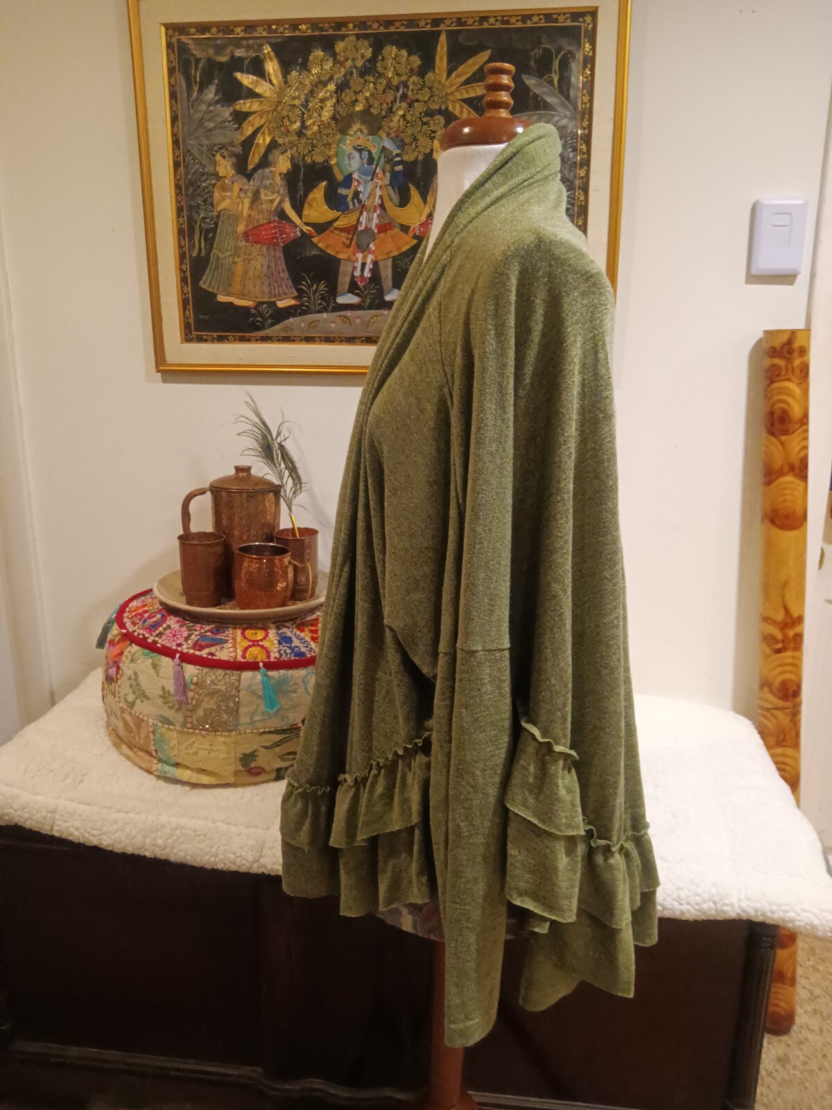 Easel LA Olive Sage Green Ruffle Oversize Cardigan Jacket Sweater