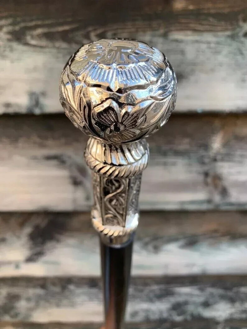 Victorian Walking Stick Solid Brass Chrome Plated… - image 8