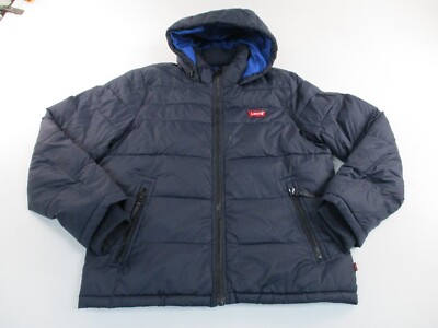 Levis Puffer Jacket Mens Large Blue Zip Hooded Outdoor Casual Y2K