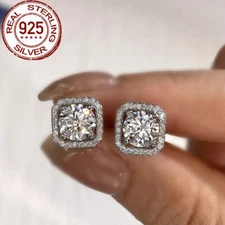 Sparkling 9mm CZ Round Square Pave Setting Stud Earring 925 Sterling Silver Gift