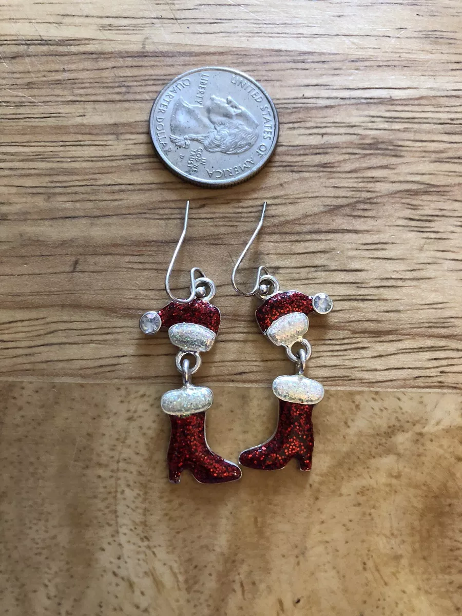 Santa Hat & Boot Dangling Fish-Hook Earrings / Red & White Glitter /  Silver-tone