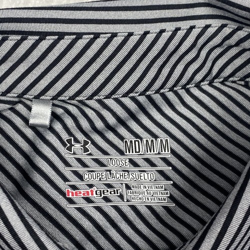 Under Armour Polo Shirt Mens Medium HeatGear Gray Black Striped Short Sleeve - Picture 3 of 8