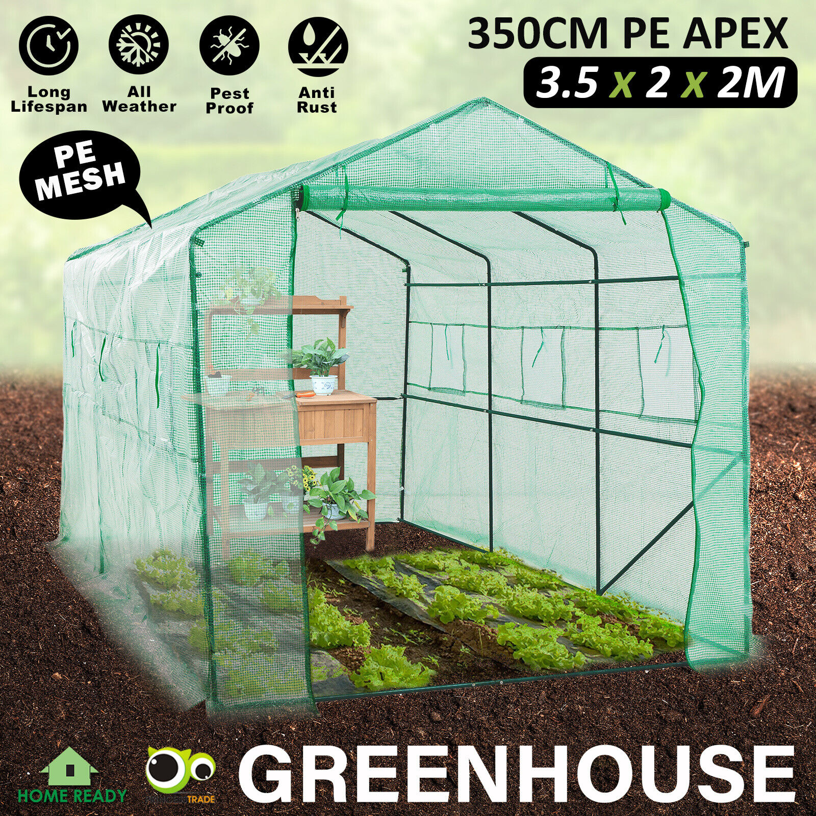 Garden Greenhouse Walk-In Green House Shed Storage Apex PE 3.5x2x2M GREEN