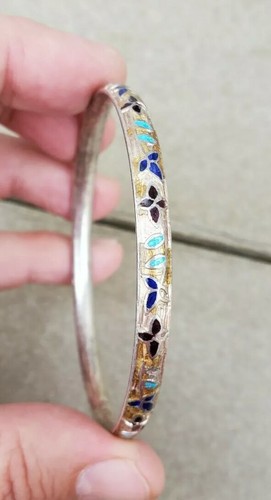 Vintage 925 Enamel Flower Bangle Cuff Bracelet 925 - Picture 10 of 12