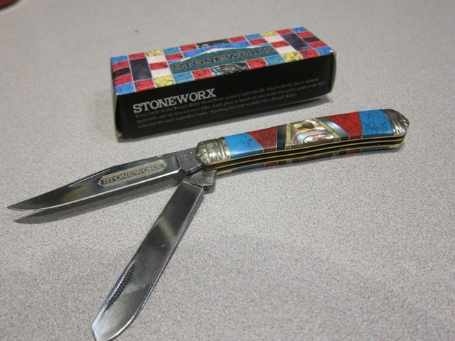 Rough Rider Turquoise Mother of Pearl Stoneworx Trapper 2 Blade Knife ...