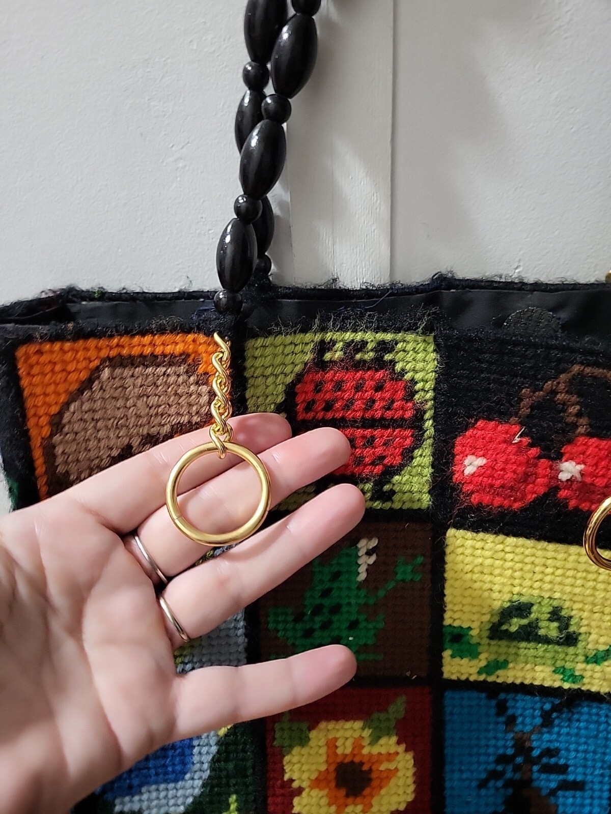 Vtg 70s Needlepoint Patchwork Purse Bee Mushroom … - image 2