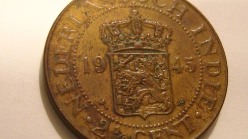 1945 P DUTCH EAST INDIES 2 1/2 CENT NETHERLANDS QUEEN WILHELMINA BRASS KM 316 - Picture 6 of 12