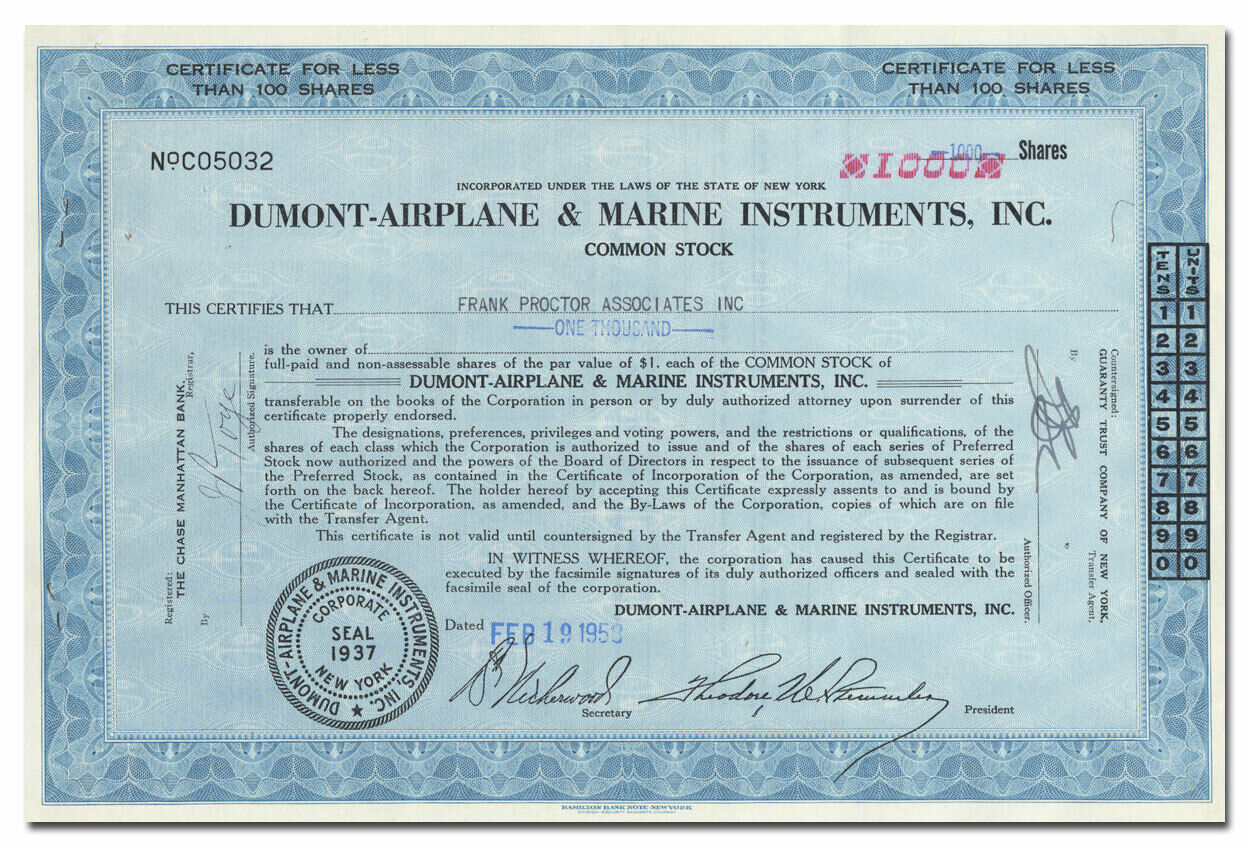 新発売の Dumont-Airplane & Marine Instruments Inc. Stock Certificate 87％以上節約
