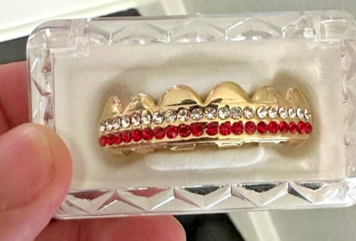 Custom Fit Iced CZ 14K Gold Plated Metal Mouth Teeth Grillz Upper Top RED - Picture 1 of 4