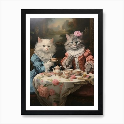 Royal Cats At Afternoon Tea Rococo  Framed Wall Art Poster Canvas Print Picture