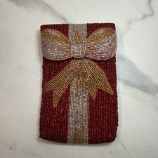 Vintage Neiman Marcus Beaded Red, Silver  Gold Holiday Bow Clutch Bag 6  x4  