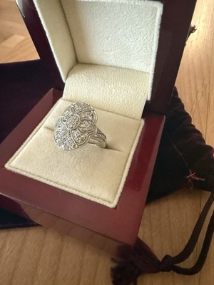 10k white gold diamond cocktail ring size 7 Ornate Filigree Art Deco earth mined