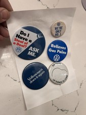 5 Vintage Volkswagen Badge Pin Buttons. Dealership promotional items.