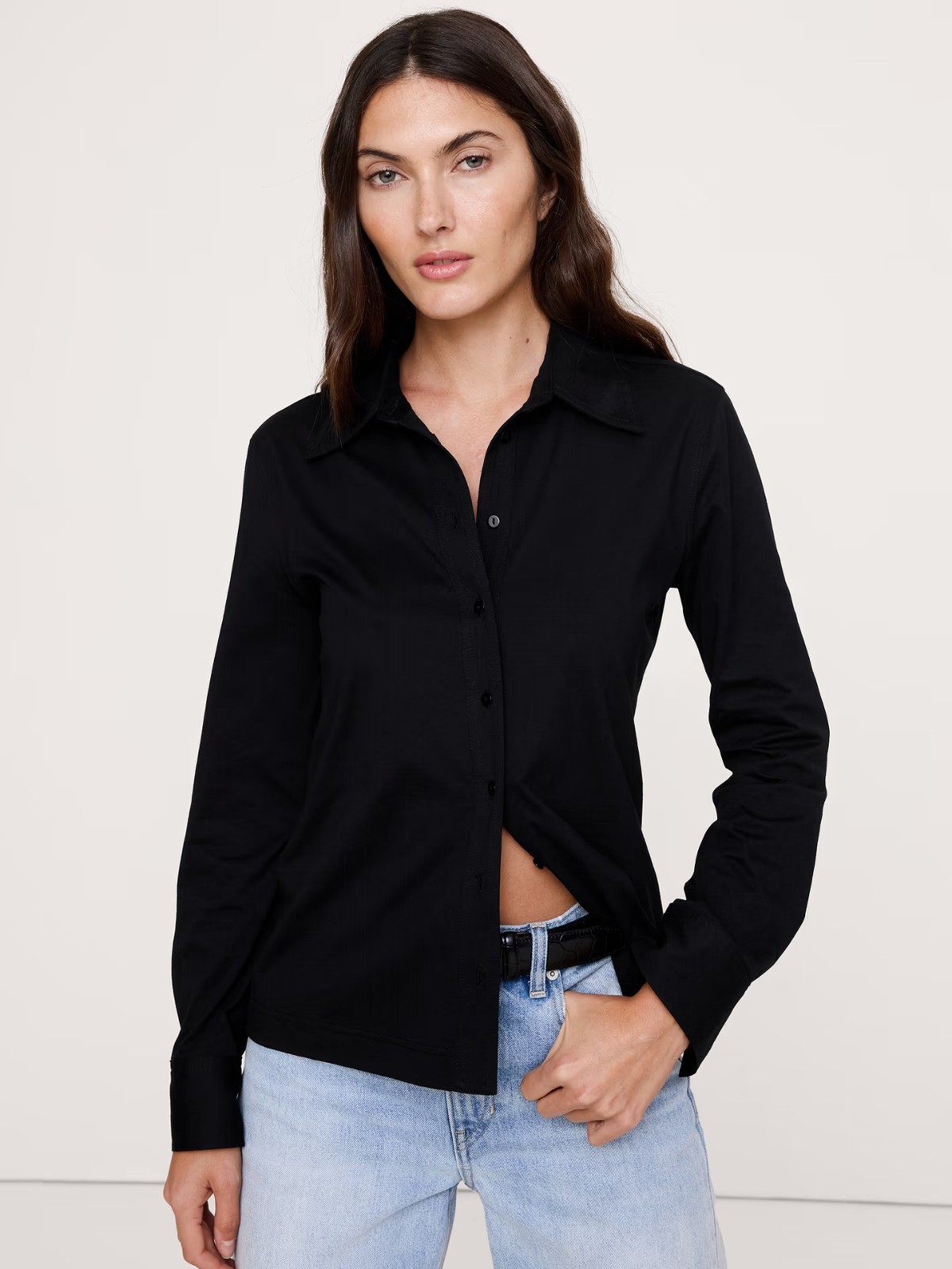 NEW $70 BANANA REPUPLIC women's silky cotton black long sleeve shirt blouse XS