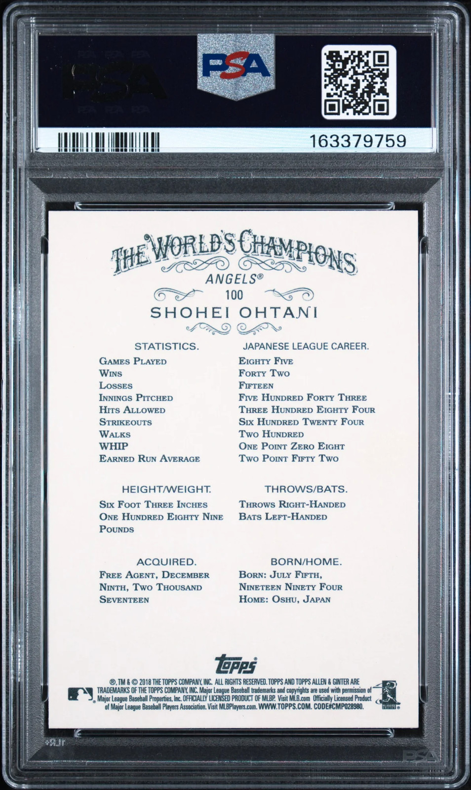 2018 Topps Allen & Ginter Shohei Ohtani #100 Rookie PSA 10 view 2