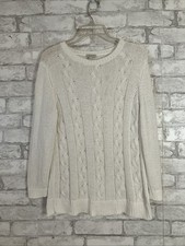Talbots Cable Knit Sweater Soft White Size M Crew Neck Preppy Cotton   EUC